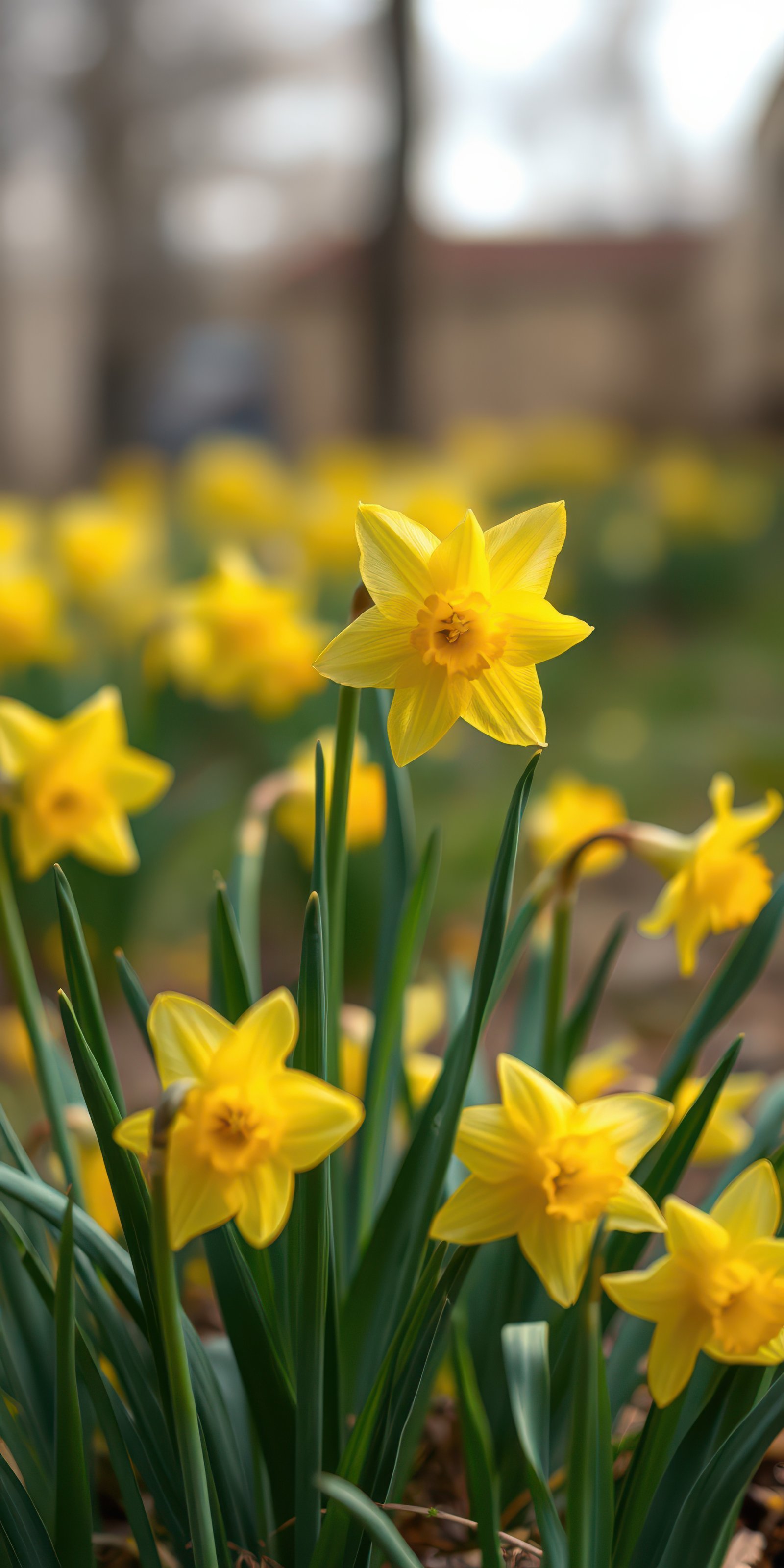 Bright yellow daffodils bloom in a garden during springtime, showcasing nature's beauty and renewal
